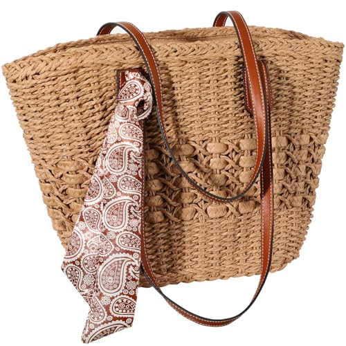 Trifabricy Beach Bags for Women - Large Straw Bag, Woven Beach Tote Shoulder Handbags, Straw Tote Bag for Summer