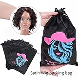 Custom Printed Wig Storage Satin Bags with Drawstring, 20-100 Pcs/Lot Personalized Logo Silk Hair Bag For Hair Bundles Headband Wig Lace Wig, Pouches Gift Bags Cosmetic Bags (20Pcs/Lot, Black)