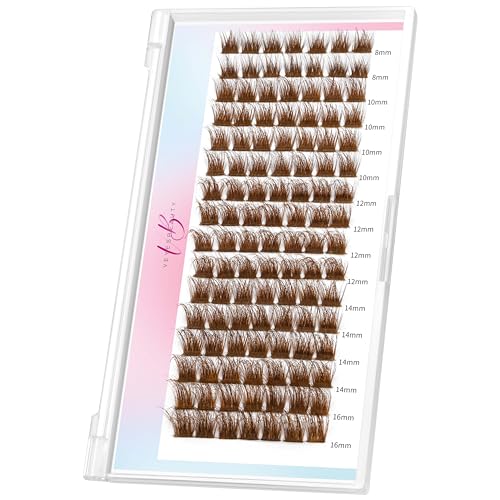 VEYESBEAUTY Brown Lash Clusters DIY Individual Lash Extensions Natural & Wispy Colored Lash Clusters Brown Xtreme 3D Fluffy Volume Eyelashes 8-16mm Mix Length Tray for Self Application