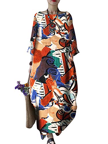 Celmia 2025 Kaftan Dresses for Women Plus Size Printed Long Sleeve Cotton Maxi Dresses with Pockets Red 2XL