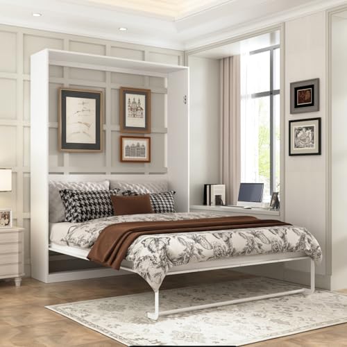 JOIKUJIA Queen Size Murphy Wall Bed, Modern Space-Saving Murphy Bed Cabinet Foldable Platform Bedframe for Guest Room Home Office, White 87.1”L x 64.6”W x 85.6”H