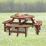 Minheola 8 Person Outdoor Picnic Table, Round Picnic Table with 4 Built-in Benches, Umbrella Hole, Outside Wood Picnic Table and Bench Set for Patio, Backyard, Garden, Porch, 2220lb Capacity - Brown