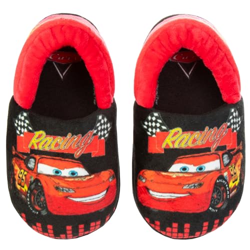 Disney Pixar Cars Lightning McQueen Slippers - Boys PJ House Shoes Pajama Indoor Warm Kids Slipper - Red Black (size 5-6 Toddler)