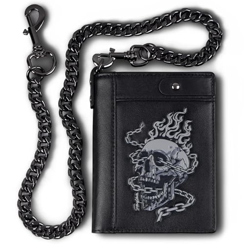 skneephate Mens Leather Wallet With Chain Skull Bifold Wallets Zipper Coin Pocket Rfid Blocking Gift For Him Husband (black)