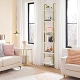 HOOBRO DIY Ladder Shelf, 6-Tier Wooden Wall Mounted Bookshelf, Narrow Gold Bookcase, Display Shelf, Storage Rack, Plant Stand, for Living Room, Bedroom, Study, Balcony, Marble and Gold DM651CJ01