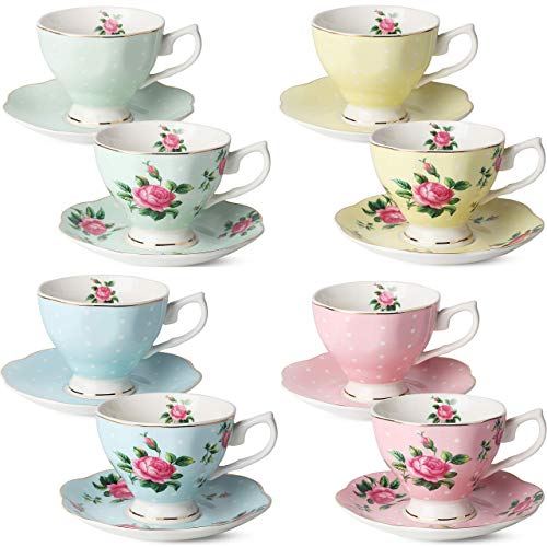 BTaT- Floral Tea Cups and Saucers, Set of 8 (8 oz), Multi-Color with Gold Trim, Coffee Cups, Floral Tea Cup Set, British Tea Cups, Porcelain Tea Set, Tea Sets for Women, Latte Cups