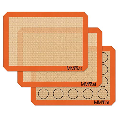 MMmat Silicone Baking Mat - Best German Silicone - Non Slip Silicone Baking Sheet, Non Stick Reusable Silicone Mats for Baking, Oven Liner, Counter Mat, 2 Half Sheets Mats + 1 Macaron Cookie Sheet