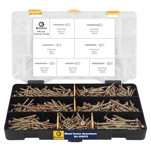 Bonost 450Pcs Wood Screws Assortment Kit - Assorted Wood Screws with Matching Bits - Torx Drive Wood Screw Set for Decking, Furniture, Woodworking Projects