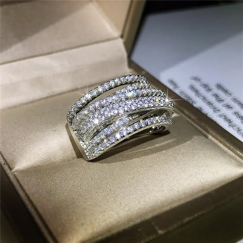 925 Sterling Silver Shiny Full Diamond Gemstone Ring 18K Gold Cocktail Criss Cross Cubic Zirconia Ring CZ Diamond Multi Row Rings Eternity Engagement Wedding Party Ring for Women Z.134 (US Code 8)