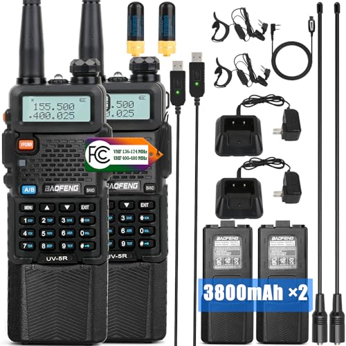 BAOFENG Radio UV-5R 2Pack with 3800mAh Extended Battery and USB Charger Cable, Rechargeable Handheld Ham Radios Long Range (VHF & UHF) with High Gain Antenna and Programming Cable (2Pack)