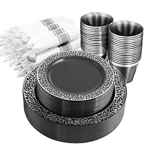 NOCCUR 210PCS Black and Silver Dinnerware Set for 30 Guests - Black Plastic Plates with Silver Rim Include 30 Dinner / 30 Dessert Plates, 30 Prewrapped Silverware, 30 Cups Ideal for Party&Father's Day