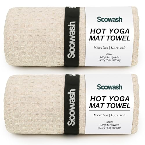 SOOWASH Yoga Mat Towel Non Slip for Hot Yoga 2 Pack with Super-Absorbent Soft Sweat Mat Towel Microfiber, Pilates Yoga Mats Workout Suitable for Thick Yoga Mats 24" X 72" Beige