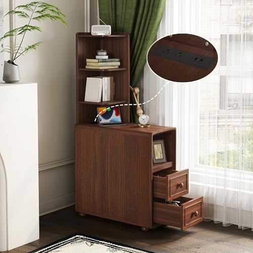 Tall End Table with Drawers and Shelves, Narrow Side Table with Charging Station, High Slim Corner Cabinet Bedside Table with Storage Bookcase for Living Room Bedroom, Walnut