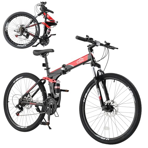 CamPingSurvivals 24/26 Inch Folding Bikes for Adults 21 Speed Mountain Bike, Adult Bicycle with High Carbon Steel Frame, Full Suspension, Dual Disc Brake and Adjustable Ergonomic Seat(24" Black)