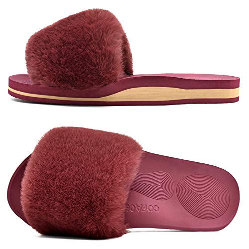 COFACE Womens Slides Fuzzy House Slippers for Women Open Toe Fluff Slippers With Arch Support Plantar Fasciitis Orthotic Slippers Women House Shoes Indoor Size 8.5