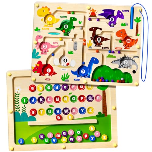 2 in 1 Magnetic Color and Number Maze Double-Sided ABC Alphabet Puzzles Board Magnet Dinosaur Counting Maze Preschool Learning Montessori Education 3 4 5 Years Toys (Multicolored, One Size)