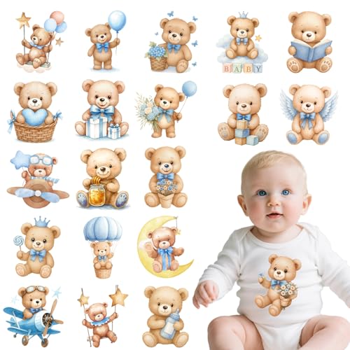 Rngmsi Dtf Transfers Ready to Press - 20 Pcs Brown Bear Iron on Patches, Cute Animal Blue Balloon Iron on Stickers, Heat Transfer Vinyl Decals for Baby Bodysuit Onesie Bibs DIY Baby Shower Decor