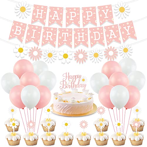 Daisy Flower Birthday Party Decorations, Daisy Happy Birthday Banner Daisy Flower Birthday Cake Cupcake Toppers for Hippie Themed Daisy Party Girl Baby Shower Birthday Boho Daisy Birthday Supplies