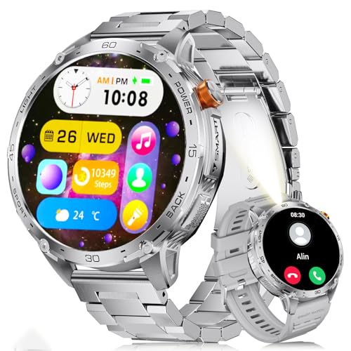 LIGE Military Smart Watch for Men, 730mAh/1.75" Large HD AMOLED Touchscreen Smartwatches with LED Flashlight for Android iOS, Fitness Tracker with 110+ Sport Modes/Heart Rate/Sleep Monitor,Silver