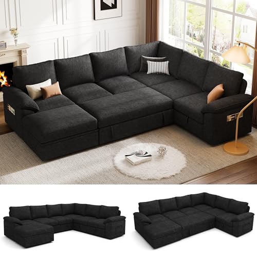 Howjoe 108 Inch Sectional Sleeper Sofa with Pull Out Bed, U Shaped 7 Seat Modular Sectional Sofa with Storage, Sectional Couches for Living Room, Cloud Modular Couch, Removable Sofa Cover, Black