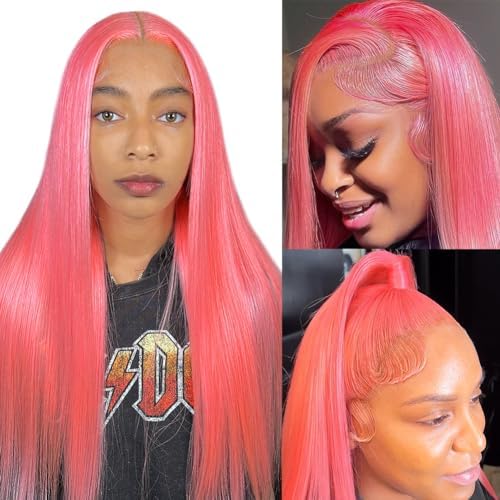 LZGYE Pink Lace Front Wig Human Hair 13x4 Hd Lace Pink Straight Wigs Human Hair Transparent Lace With Baby Hair Colored Closure Human Hair Wigs for Women 150% Density 32inch