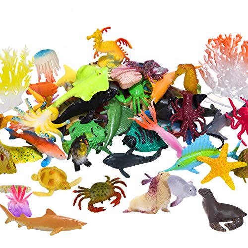 Ocean Sea Animals Figures, 60 Pack Mini Plastic Deep Underwater Life Creatures Set, STEM Educational Shower Bath Toys Gift for Baby Toddler Cupcake Toppers Party Supplies with Turtle Octopus Shark