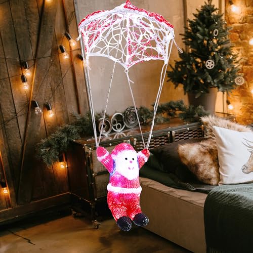 OOLALOO Christmas Hanging Santa Claus with Parachute Acrylic LED Hanging Lights with Timer for Window Room Garden Indoor Outdoor Holiday Display