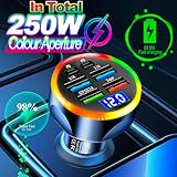 Super Fast Charge USB C Car Phone Charger Adapter 6 in 1 with Voltage Display 250W Multi Port Cigarette Lighter USB Charger with Volt Meter for iPhone 16 15 Pro Max 14 Plus 13 Samsung Android Phone