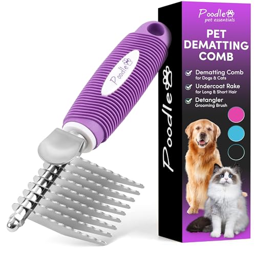 Poodle Dematting Fur Rake Comb Brush for Dogs and Cats - Long 2.5" Steel Safety Blades Metal Comb for Detangling Matted or Knotted Undercoat Hair
