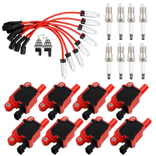 HQPASFY Ignition Coil UF413 & Iridium Spark Plug & Wires Set of 8 Compatible With Cadillac CTS Escalade Chevrolet Silverado Express 1500 2500 3500 GMC Sierra 4.8L 5.3L 6.0L Rapalce# D510C