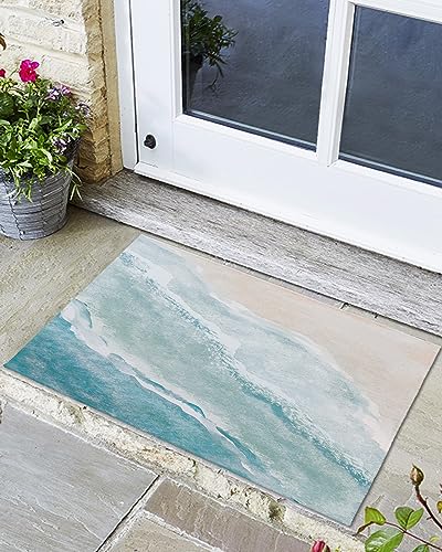 Front Door Mat Indoor Outdoor Entrance, Ocean Theme Sand Wave Sea Water Beach Non-Slip Doormat Fade Resistant, Low Profile, Easy Clean Patio Porch Entryway Mat 36x24 inches