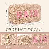 Paterr 4 Pcs Chenille Letter Preppy Patches Makeup Bag Plush Fuzzy Makeup Pouch Hair Skin Face Stuff Bag Large Cosmetic Purse Zipper Travel Toiletry Kit for Spring Gift(Pink Brown Colors)