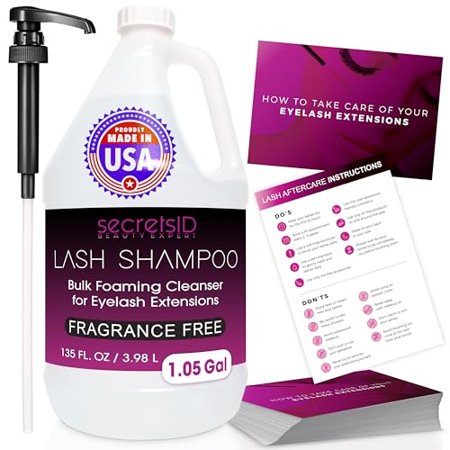 Professional Lash Shampoo for Extensions - 1.05 Gallon Bulk (3.98L) + 50 Aftercare Cards & Pump - Salon-Grade Eyelash Cleanser, Oil-Free, Fragrance-Free, Made in North America – Lash Wash Concentrate