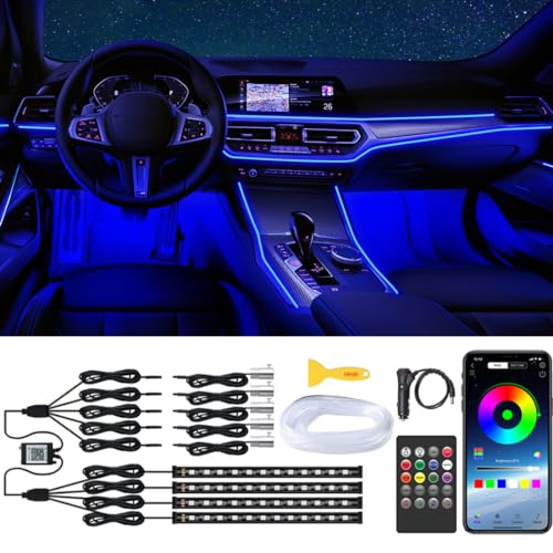 Interior Car Lights with Wireless APP & Remote Control, 9 in 1 RGB Car Ambient Lighting Kit with 4 Under Dash Lights & 5 Fiber Optic LED Strips, Sync to Music Inside Car Accessories