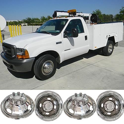 Deebior 4pcs 16" Polished Stainless Steel Dually Wheel Simulators, Nice Looking Bolt On 8 Lug 4 Hand Hole Hubcaps Fit for 1999-2002 Ford F350 Truck 16F8