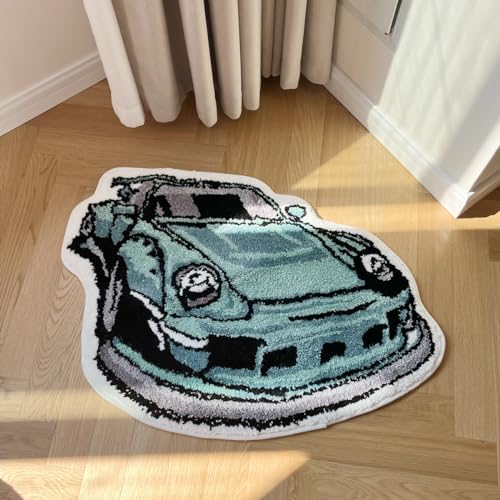 LAKEA Enthusiast Green Sports Car Shaped Flocking Rug Irregular Geometric Carpet Bed Side Anti Slip Floor Pad Doormat Aesthetic Home (31.5 X24 Inch)