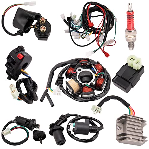 Complete Wiring Harness kit for ATV Quad 4 Four Wheelers GY6 50CC 70CC 110CC 125CC Go Kart Dirt Pit Bikes With Electrics Stator Coil CDI Wiring Harness Solenoid Relay Spark Plug by KAKO