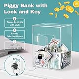 Imeepa Clear Acrylic Piggy Bank with Lock and Key for Kids Adults, Openable Money Saving Box for Cash Coins Real Money (Clear)