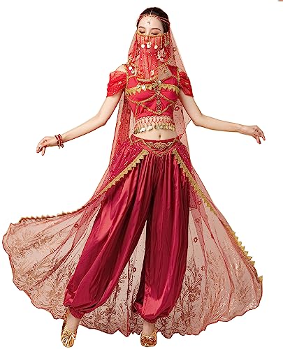 ORIDOOR Women's New Aladdin Jasmine Princess Belly Dance Halloween Costume Set Belly Dance for Dress Up Party 5 Piece Outfit (X-Large, Wine red) …