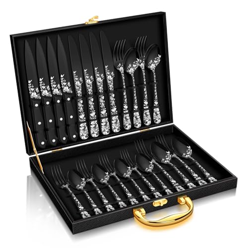 Stapava 24 Pcs Black Silverware Set with Gift Box, Stainless Steel Mirror Cutlery Flatware Set for 4, Include Forks Spoons and Knives Set, Dishwasher Safe Utensils for Home Restaurant Hotel