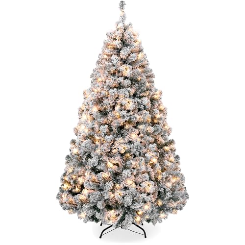 Best Choice Products Pre-Lit Artificial Christmas Tree, 6ft Snow Flocked Design Pine Tree, Full Appearance Snowy w/Easy Assembly, Metal Stand