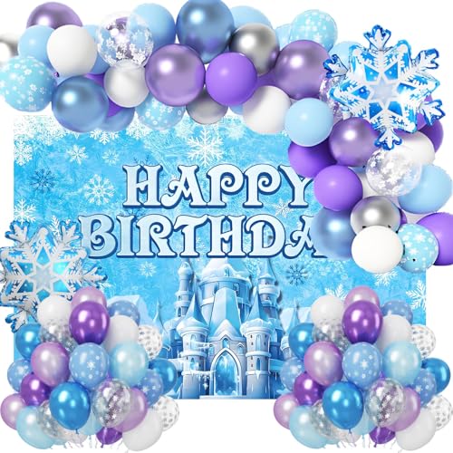 Frozen Birthday Party Decorations Frozen Party Supplies 73 Pcs Include Frozen Balloon Garland Arch Kit, Snowflake Foil Balloon and backdrop for Kids Birthday