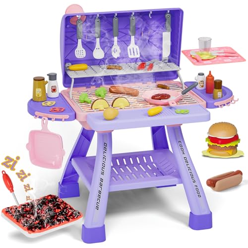 New Upgraded Kids BBQ Grill Playset with Smoke, Sound&Light, Toy Grill for Girls, Pretend Food Hamburger, Kitchen Barbecue Toy Game, Christmas Birthday Gift for 3-5 Kids, Pink & Purple