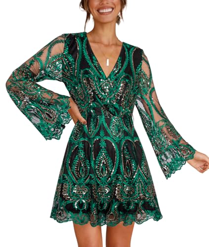 Cosonsen Womens Christmas Party Dress Long Sleeve Deep V Neck Embroidered Sequin Skater Dress Green M