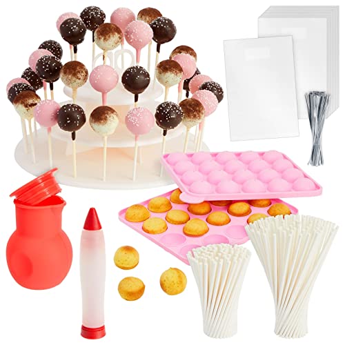 Bright Creations Cake Pop Maker Kit - Includes Melting Pot, Baking, Treat Bags, Twist Ties, Lollipop Sticks - Cake Pop Decorating Kit with 3-Tiered Dessert Stand (404 Total Pcs)