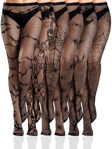 Ramede 6 Pairs Women Lace Tights Patterned Fishnet Thigh High Stockings Waist Bow Goth Leggings Tight Pantyhose for Halloween(Bat Black,M)
