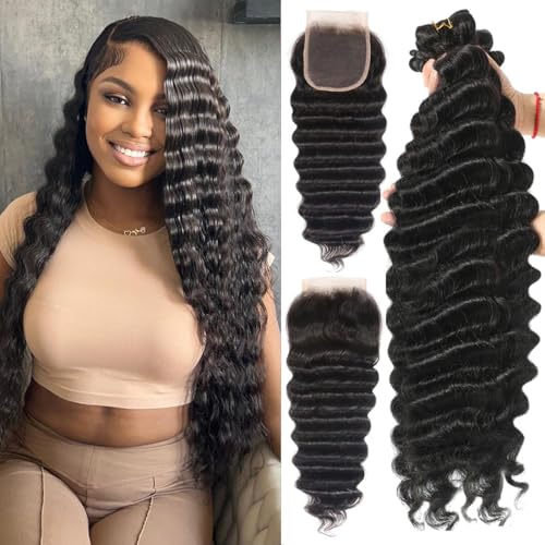 Human Hair Bundles with Closure Loose Deep Wave(24 26 28 30+22 Inch,Free Part)12A Unprocessed Human Hair Loose Wave Bundles and Closure Pre Plucked with Baby Hair Loose Deep Curly Bundles