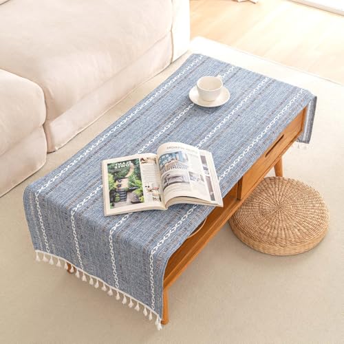 SIELUNO Linen Coffee Table Cloth, Rustic Farmhouse Coffee Table Cover for Living Room Tea Table Washer Dryer Fridge Top Dust Cover-Hollow Blue-20x60inch