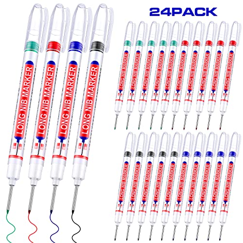 Eersida Multi-purpose Deep Hole Marker Pens 20mm Long Head Drill Deep Nib Markers Colorful Waterproof Carpenter Pens for Construction Bathroom Woodworking(24 Pieces)