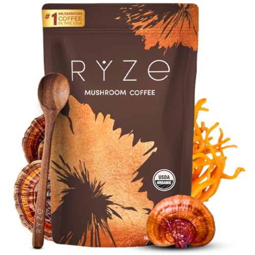 RYZE Mushroom Coffee | 6 Adaptogenic Mushrooms | USDA Organic | Instant Coffee | MCT Oil | USA Grown | Better Energy, Focus, Digestion, Immunity | Cordyceps, Lion’s Mane, Turkey Tail | 30 Servings